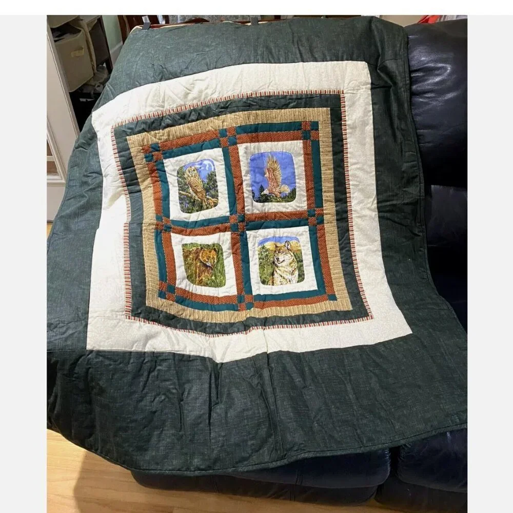 Handmade Cotton Quilt Lodge Animal Patchwork Cover Lap Blanket Throw 32